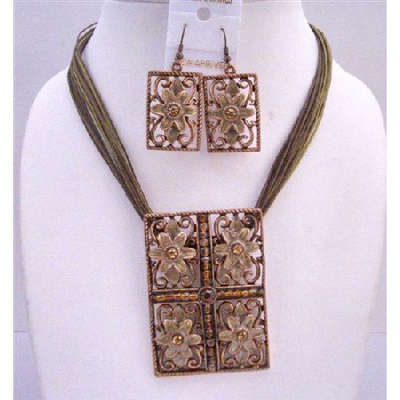 NS499 Rectangle Brown Enamel Flower Pendant Multi Stranded Stranded Necklace Traditional Jewlery