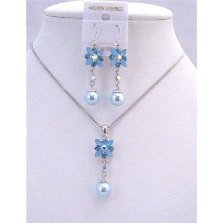 NS493 Blue Enamel Flower And Rhinestones w/ Cute Flower Pearls Dangling Necklace Set