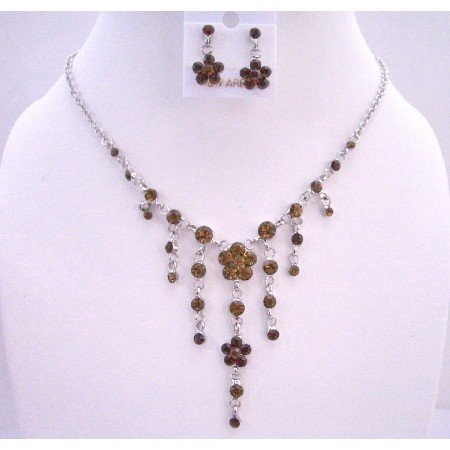 NS472 Smoked Topaz Crystals Dangling Flower Jewelry Set Simulated Crystals Necklace Set
