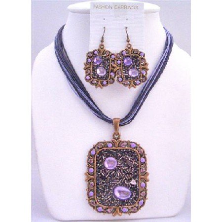 NS410 Fabulous Sequare Copper Pendant Jewelry Set & Simulated Crystals Necklace & Earring