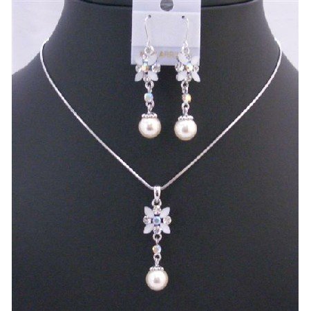 NS201 White Enamel Flower Necklace Set w/ Pearls Dangling Set Beautiful Jewelry