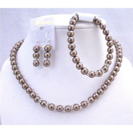 NS164 Bronze Brown Bridal Jewelry Set Complete Set w/ Stretchable Bracelet & Silver Rondells