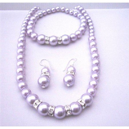 NS560 Lavender Pearls Jewelry Set Sterling Silver 92.5 Earrings w/ Stretchable Bracelet