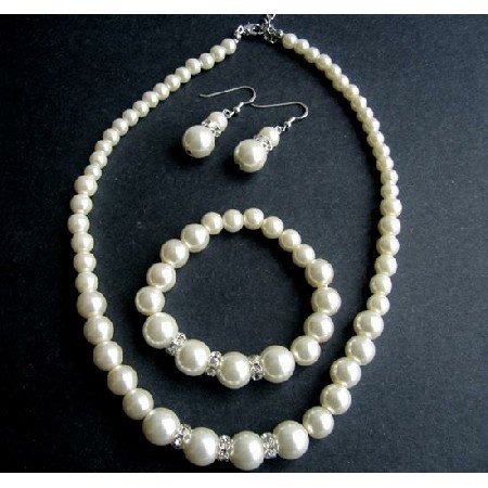 NS525 Cream Pearls Bridemaides Jewelry Set Sterling Silver 92.5 Earrings w/ Stretchable Bracelet
