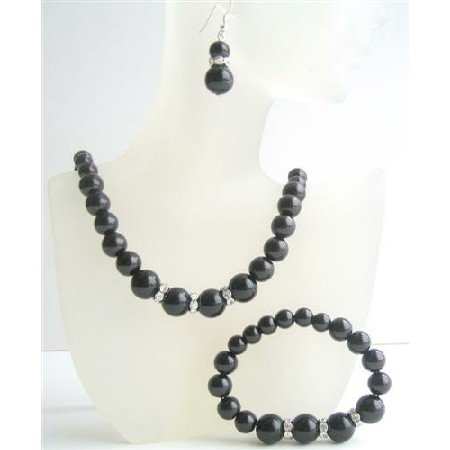 NS522 Black Pearls Jewelry Set Sterling Silver 92.5 Earrings w/ Stretchable Bracelet