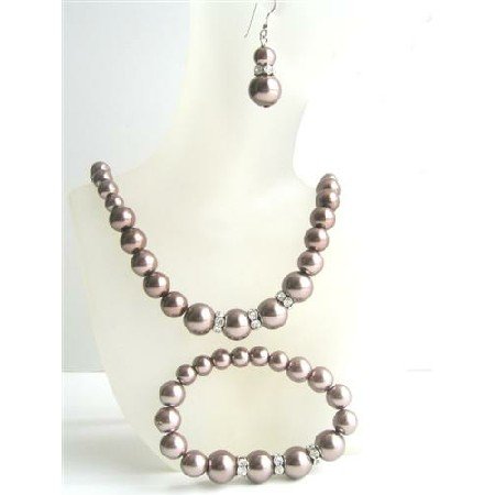 NS523 Bronze Brown Pearls Necklace Sterling Earring w/ Stretchable Bracelet