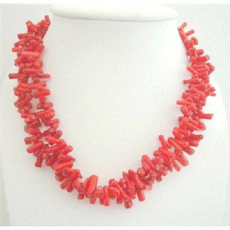 N624 Double Strands Coral Tube Beads Stranded Necklace Sterling Silver Clasp