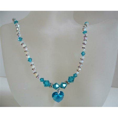 N547 Blue Zircon Crystals And AB 2X w/ Blue Zircon Heart Pendant Genuine Swarovski Crystal Necklace