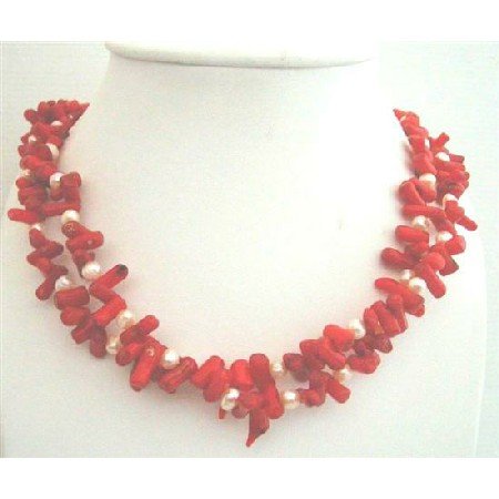 N623 Genuine Coral Tube w/ Freshwater Pearls Double Stranded Necklace Sterling Silver Clasp