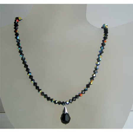 N529 Jet Black Swarovski Crystals Beaded Jewelry AB Jet Sparkling Crystals Necklace w/ Tear Drop