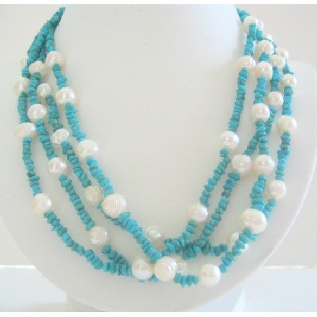 N503 Sterling Silver Genuine Turquoise & Freshwater Multi Strands Necklace