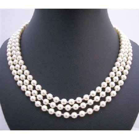 N579 Lite Cream Pearls 59 Inches Long Necklace w/ Japanese Glass Beads As Spacer