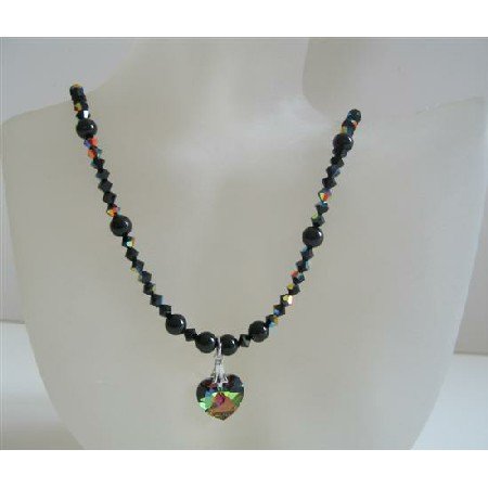 N548 Heart Pendant Necklace Swarovski Mystic Pearls & AB Jet Crystals Necklace