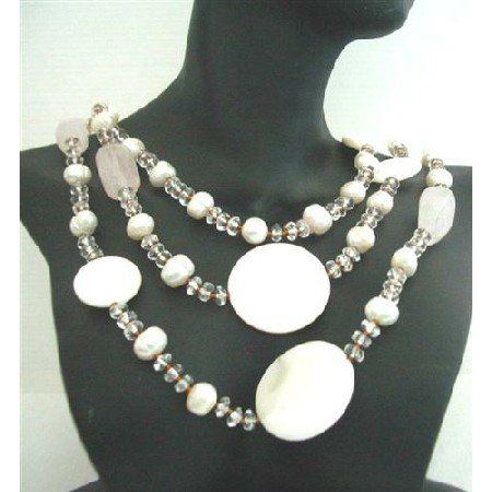 N604 Mother Shell Rose Quartz Freshwater Pearls Clear Crystals Necklace 60 Inches Long
