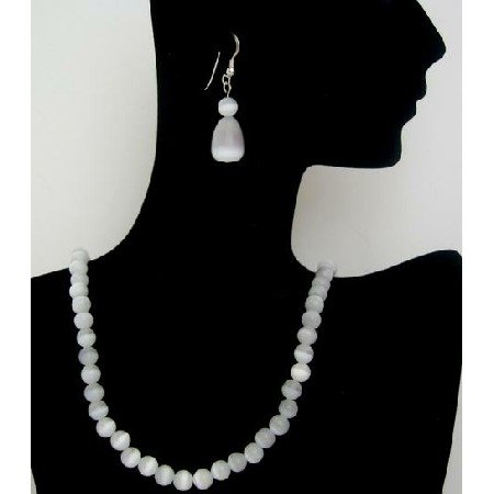NS449 Soothing White Cat Eye Handcrafted Jewelry w/ Tear Drop Sterling Silver Earrings