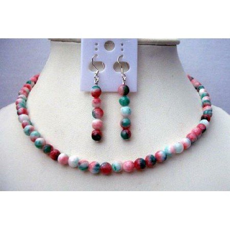 NS385 Simulate Fancy Agate Beads Necklace w/ Sterling Silver Earrings Handcrafted Jewelry