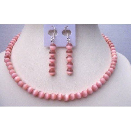 NS391 Genuine 6mm Pink Cat Eye Sterling Silver Necklace Set Handcrafted Jewelry