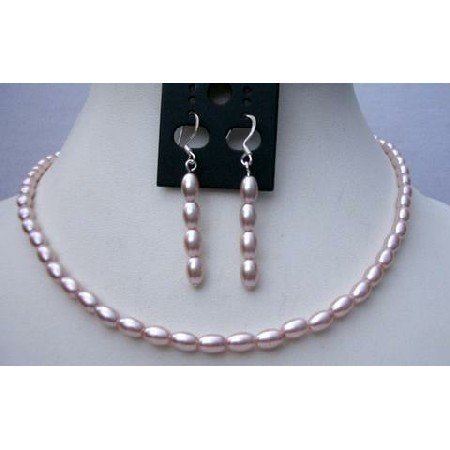 NS384 Simulated Freshwater Pearls Rice Necklace Set Good Quality w/ Sterling Silver Earrings