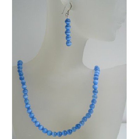 NS466 Sterling Silver 6mm Blue Cat Eye Stone Bead Beaded Dangle Hook Earrings Necklace Jewelry Set