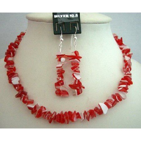 NS374 Handcrafted Red & White Stone Chip Necklace w/ Genuine Sterling Silver Earrings