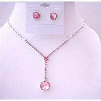 NS562 Fuschia Pink Crystals Drop Down Necklace w/ Fuschia Crystals Stud Earrings Jewelry Set