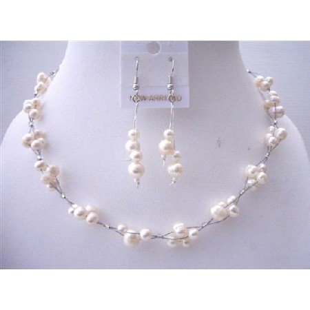 NS553 Freshwater Pearls Choker Set Bridemaides Interwoven Wire Necklace Set w/ Dangling Earrings
