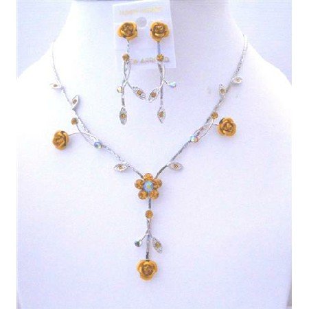 NS548 Topaz Crystals Flower Jewelry Set Drop Y Shaped Crystals Enamel Flower Necklace Set