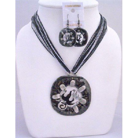 NS411 Unique Striking Black Enameled Necklace & Earring w/ Multi String Necklace