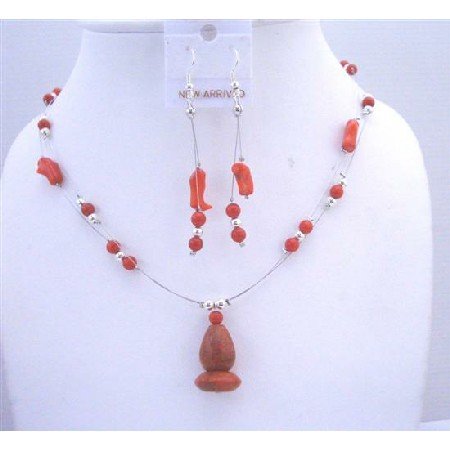 NS305 Coral Red Bead Necklace Set w/ Coral Pendant Double Stranded Wire Necklace Set