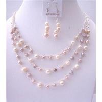 NS554 3 Stranded Jewelry Peachish Pink White Lavender Freshwater Pearls Necklace Set