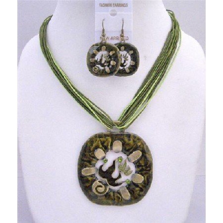 NS430 Vintage Green Enamel Round Pendant Jewelry Set
