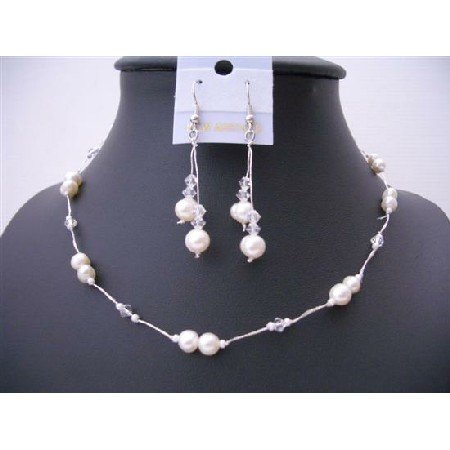 NS505 Clear Crystals And White Freshwater Pearls Choker Necklace Set Wire Necklace Set