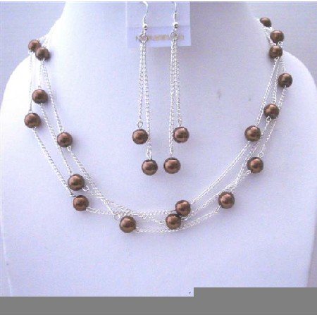 NS552 Bronze Faux Pearls 3 Stranded Handcrafted Necklace w/ Dangling Earrings Jewelry Set