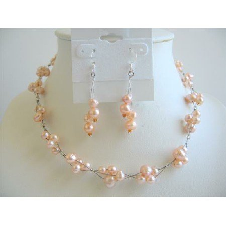 NS590 Peach Freshwater Pearls Choker Set Bridemaides Interwoven Wire Necklace Set