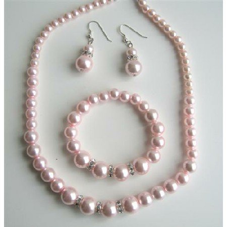 NS528 Pink Pearls Jewelry Pink Pearls Necklace Sterling Silver Earring w/ Stretchable Bracelet