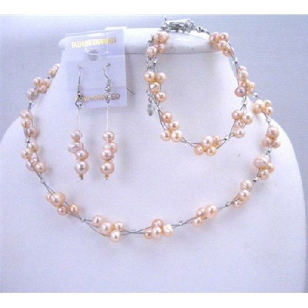 NS289 Wedding Bridal Bridemaids Jewelry Set Peach Freshwater Pearls Wire Necklace Sets w/ Bracelet