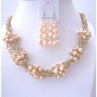 NS557 Peach FresshWater Pearls Necklace Earrings Sets Multi Stranded Necklace w/ Glass Beads