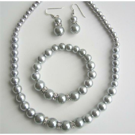 NS527 Pearls Jewelry Set Grey Pearls Necklace Sterling Silver Earring w/ Stretchable Bracelet