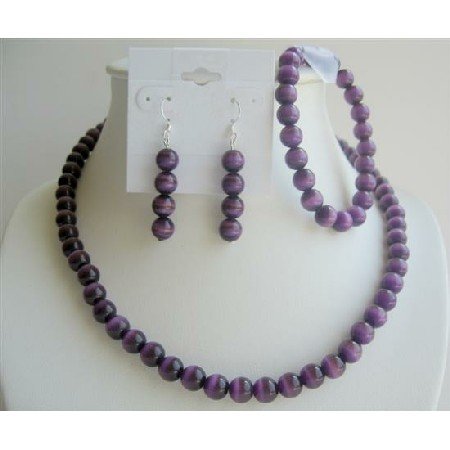 NS153 Purple Cat Eye Faceted Beads 8mm Necklace Earrings Stretchable Bracelet Jewelry Sets