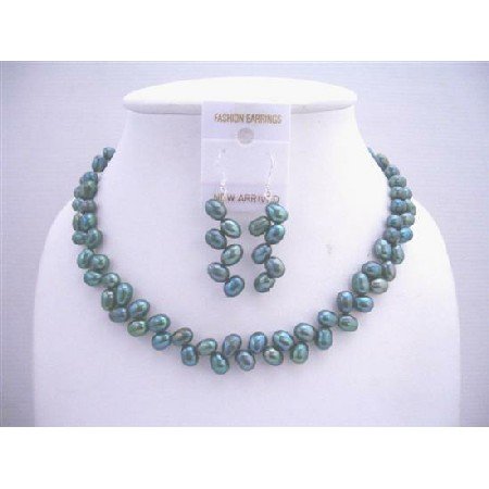 NS438 Metallic Freshwater Rice Pearls Dyed Turquoise Green Necklace & Sterling Silver Earrings
