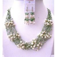 NS558 White Freshwater Pearls Green Glass Beads Jewelry Set Multi Stranded Necklace & Earrings
