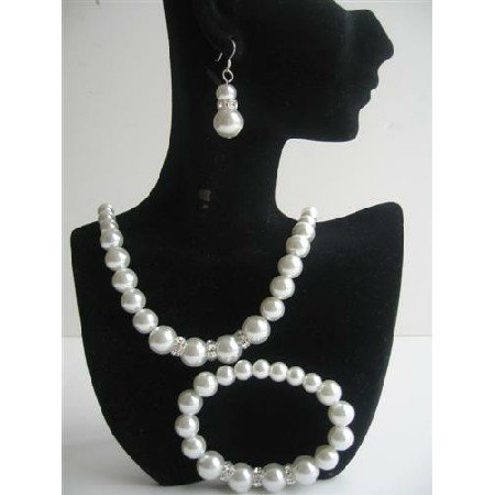 NS529 White Simulated Pearls Necklace Sterling Silver Earring w/ Stretchable Bracelet