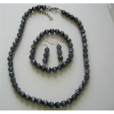 NS475 Black Cats Eye Stone Bead Beaded Dangle Hook Earrings Stretch Bracelet Necklace Jewelry Set
