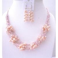 NS559 Pink FresshWater Pearls Jewelry Set w/ Glass Beads Multi Silver strands Necklace & Earrings