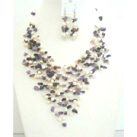 NS545 Amethyst Stone Nugget FresshWater Pearls Genuine Amethyst & Freshwater Pearls w/ Earrings