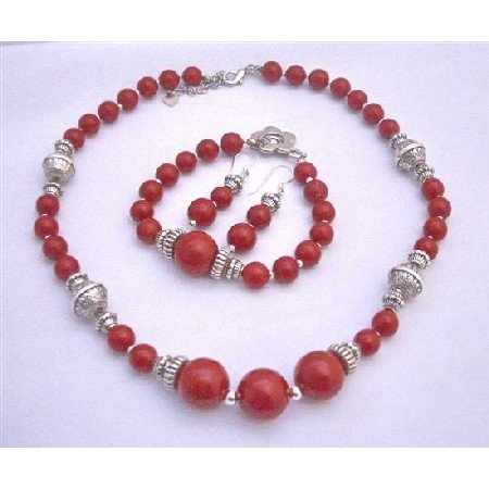 NS601 Bali Silver Coral Round Beads Necklace Earrings and Bracelet Coral Jewelry Set