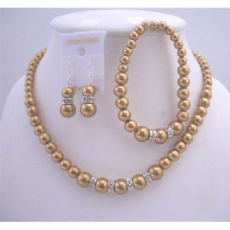 NS526 Bridal Bridemaides Golden Pearls Necklace Sterling Silver Earring w/ Stretchable Bracelet