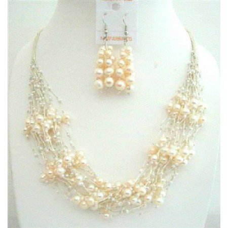 NS546 FresshWater Pearls Milky Glass Beads Jewelry Sets Multi Silver strands Necklace w/ Earrings