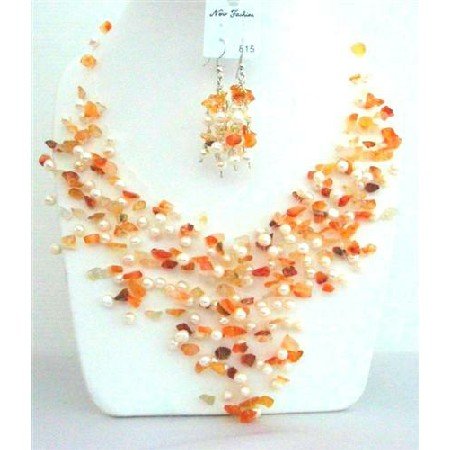 NS544 Carnelian Stone Nugget FresshWater Pearls Genuine Carnelian & Freshwater Pearls w/ Earrings