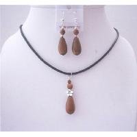 NS564 Brown Sandstone Teardrop Pendant Jewelry Set w/ Black Chord Necklace